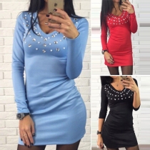 Sexy Solid Color Hot Fix Rhinestone Long Sleeve V-neck Slim Fit Dress