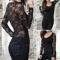 Sexy Solid Color Lace Spliced Scoop Neck Long Sleeve Slim-fitting T-shirt