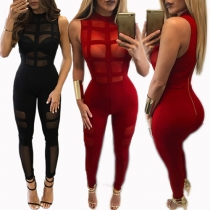 Sexy Solid Color Gauze Spliced Round Neck Sleeveless See-through Jumpsuit