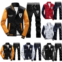 Casual Style Contrast Color Front Zipper Stand Collar Long Sleeve Men's Sports Suit