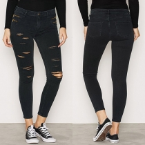 Fashion Solid Color Side Zipper Slim Fit Ripped Jeans For Women