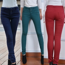 Fashion Solid Color Single-breasted High Waist Slim Fit Denim Pants