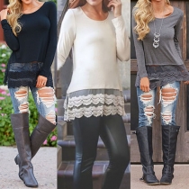 Fashion Long Sleeve Round Neck Lace Spliced Hem T-shirt