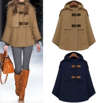 Fashion Solid Color Cape-style Hooded Woolen Coat