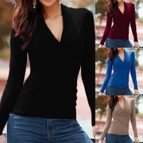 Fashion Sexy Solid Color V-neck Slim Fit T-shirt 