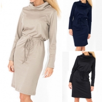 Fashion Solid Color Long Sleeve Turtleneck Gathered Waist Dress