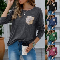 Fashion Solid Color Long Sleeve Round Neck Sequin Spliced T-shirt