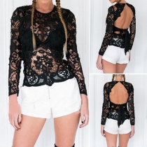 Sexy Backless Lace-up Long Sleeve Round Neck Hollow Out Lace Tops