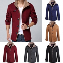 Fashion Solid Color Long Sleeve Stand Collar Men's Woolen Coat