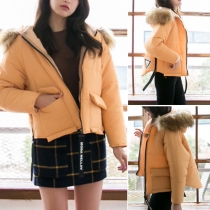 Fashion Solid Color Faux Fur Hooded Long Sleeve Padded Coat