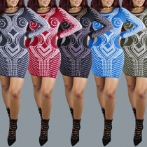 Fashion Printed Long Sleeve Round Neck Bodycon Dress