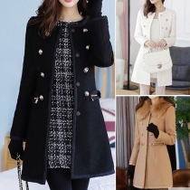 Elegant Solid Color Detachable Faux Fur Collar Double-breasted Woolen Coat (Sizes fall small)