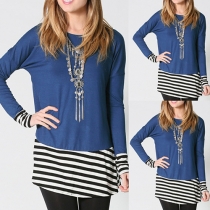 Fashion Striped Spliced Long Sleeve Round Neck Loose T-shirt
