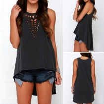 Sexy Hollow Out Sleeveless Round Neck High-low Hem Tops