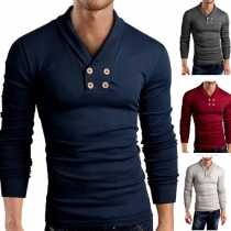 Fashion Solid Color Long Sleeve Double-breasted V-neck Men's T-shirt