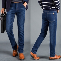 Fashion Zip Fly Middle-waist Slim-fitting Woolen Men's Straight Jeans