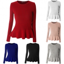 Fashion Solid Color Ruffle Hemline Long Sleeve Sweater Knit Tops 
