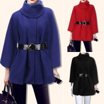 Fashion Casual Solid Color Stand Collar Gathered Waist Woolen Cloak