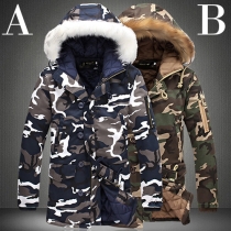 Fashion Camouflage Printed Artificial Fur Collar Long Sleeve Hoodie Coat