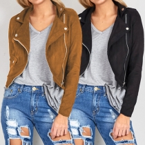 Fashion Cool Solid Color Lapel Long Sleeve Zipper Leather Jacket 