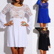 Fashion Sexy Solid Color Lace Hollow Out Long Sleeve Dress 
