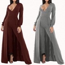 Fashion Sexy Solid Color V-neck Long Sleeve Slim Fit Jumpsuits