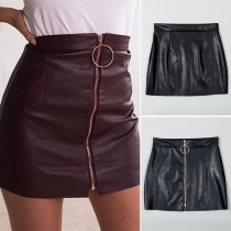 Fashion Simple Solid Color PU Leather Front Zipper Bust Skirt