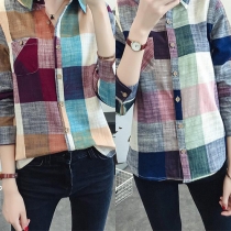 Fresh Style Long Sleeve POLO Collar Colorful Plaid Shirt