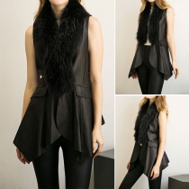 Fashion Solid Color Faux Fur Collar Irregular Hem PU Leather Vest