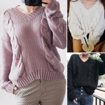 Fashion Solid Color Long Sleeve V-neck Knit Sweater