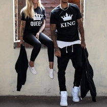 Fashion Crown Letters Printed Short Sleeve Round Neck Couple T-shirt