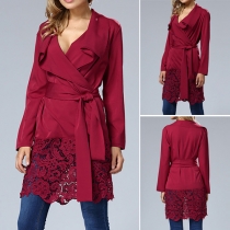 Fashion Solid Color V-neck Long Sleeve Lace Spliced Dress
