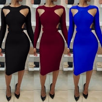 Fashion Solid Color Long Sleeve Hollow Out Slim Fit Dress 