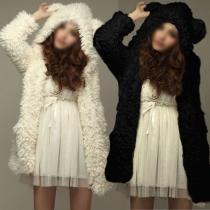 Fashion Lovely Solid Color Ears Shaped Hoodie Woolen Cardigan Coat 