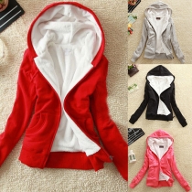 Fashion Solid Color Front Zipper Warm Hoodie Coat 