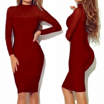 Fashion Sexy Solid Color Gauze Long Sleeve Bodycon Dress 