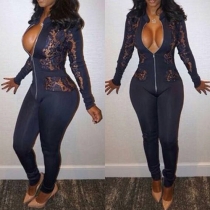 Sexy See-through Lace Spliced Long Sleeve Slim Fit Jumpsuits