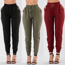 Casual Style Solid Color Elastic Waist Sports Pants
