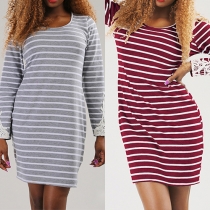 Fashion Lace Spliced Long Sleeve Round Neck Striped Dress