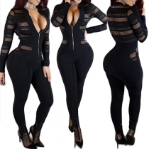 Sexy See-through Gauze Spliced Long Sleeve Slim Fit Jumpsuits