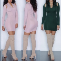 Sexy Hollow Out Lace-up Deep V-neck Long Sleeve Bodycon Dress