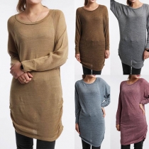 Fashion Solid Color Long Sleeve Round Neck Knit Dress