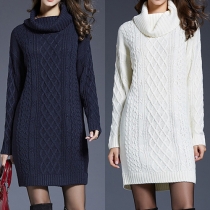 Elegant Solid Color Long Sleeve Turtleneck Sweater Dress