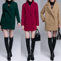 Fashion Solid Color Long Sleeve Lapel Double-breasted Woolen Coat