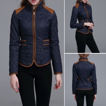 Fashion Contrast Color Long Sleeve Stand Collar Slim Fit Padded Coat