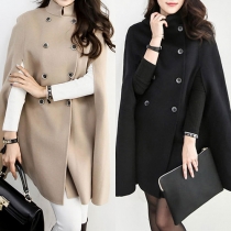Elegant Solid Color Double-breasted Cape-style Woolen Coat