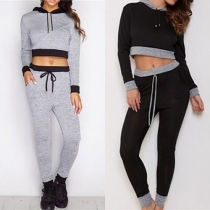 Fashion Contrast Color Long Sleeve Hooded Crop Tops + Pants Two-piece Set