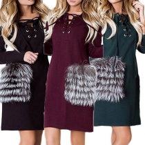 Chic Style Long Sleeve Lace-up V-neck Faux Fur Spliced T-shirt Dress