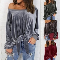 Sexy Off-shoulder Long Sleeve Lace-up Hem Solid Color Tops
