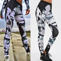Sports Style Letters Camouflage Printed High Waist Stretch Leggings